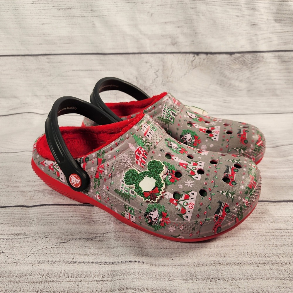 Crocs Mickey Mouse Christmas Lined Clogs Womens 8 Mens 6 Grey Red Holiday Disney